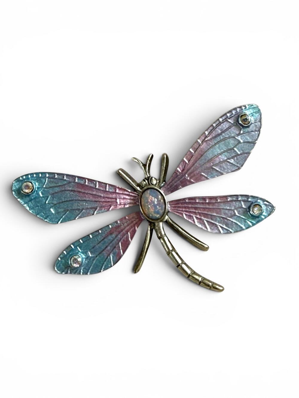Vintage Graziano Dragonfly Brooch Blue Pink AB Rhinestone Silver Tone Pin